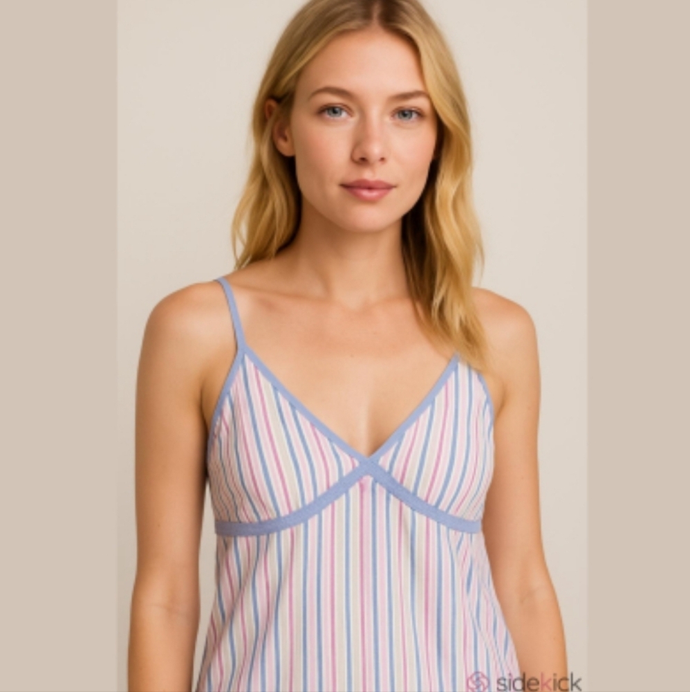 Vintage Y2K Baby Doll Spagetti Strap Tank Top Pink Blue Stripe Stretchy Lace XXL